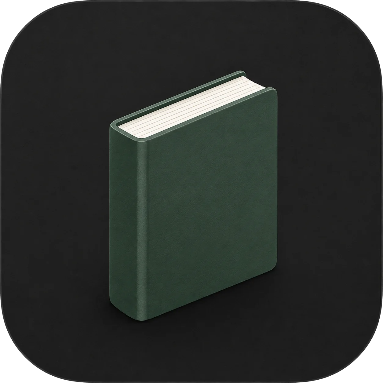A dark green hardback book on a black rounded square.